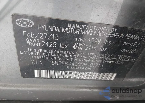 2013 Hyundai Sonata Gls из США, поврежденный, VIN 5NPEB4AC0DH701713